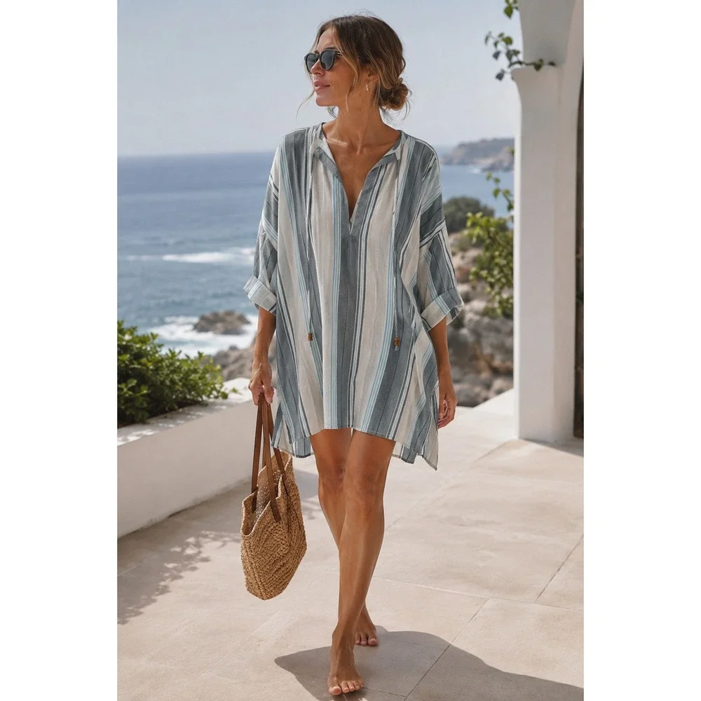 St Roche Willow Stripe Cotton Cover Up Shirt Dress M Blue Resort Beach Kaftan